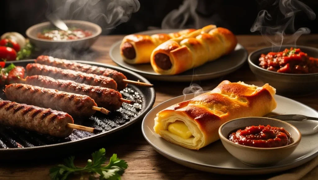 Savor the flavors of the Balkans with dishes like____Cevapi_Grilled minced meat sausages.___Burek_ A savory pastry filled with meat or cheese.___Ajvar_ A pepper based condiment 