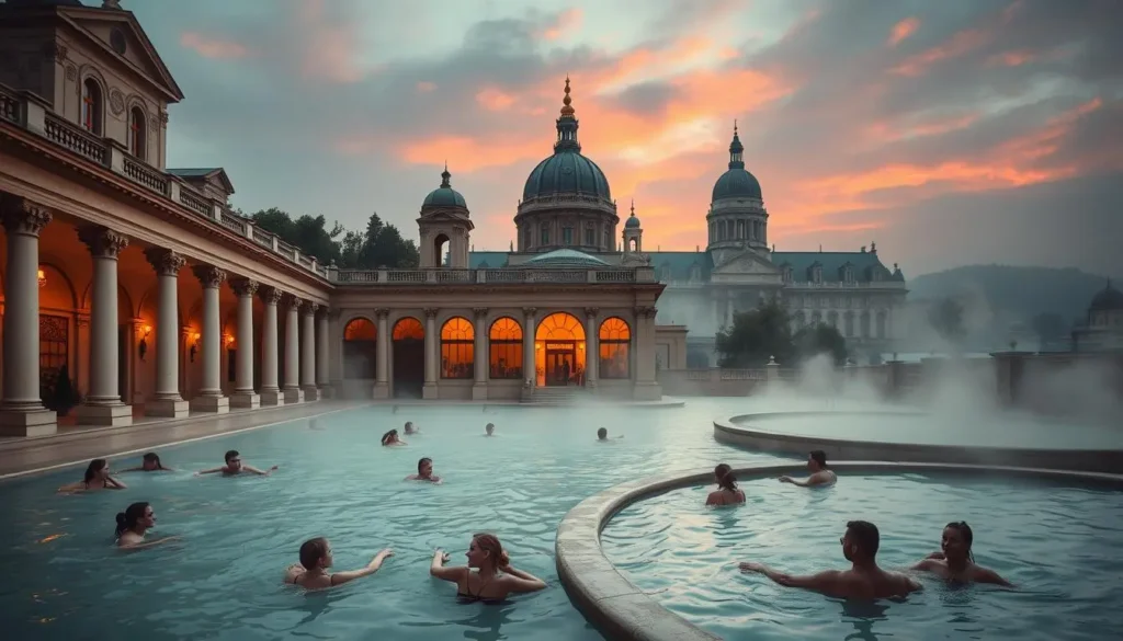 A grand neo-Renaissance exterior with ornate columns and domes, surrounded by lush greenery. In the foreground, a group of people relaxing in steaming thermal pools, enjoying the therapeutic waters. The middle ground features an elegant indoor spa area with intricate tile work and arched windows, bathed in warm, soft lighting. In the background, the iconic silhouette of the Hungarian Parliament Building stands tall against a vibrant, hazy sky. Capture the timeless elegance and soothing ambiance of the legendary Budapest Thermal Baths.
