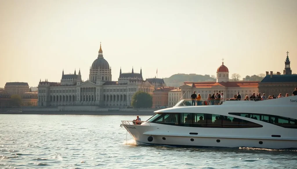Danube River Cruises Budapest. A picturesque Danube River cruise in Budapest, the "Pearl of the Danube". In the foreground, a sleek and elegant river cruise ship glides smoothly along the iconic waterway, its gleaming white exterior reflecting the warm afternoon sunlight. Passengers stand on the upper deck, gazing in awe at the breathtaking cityscape unfolding before them - the stunning Neo-Gothic Parliament building, the historic Buda Castle, and the charming Fisherman's Bastion, all bathed in a golden glow. In the middle ground, the Danube's tranquil waters sparkle like diamonds, complementing the vibrant colors of the city's architecture. The background is framed by a soft, hazy sky, creating a sense of serene, timeless elegance. The entire scene exudes a palpable atmosphere of wonder and discovery, inviting the viewer to experience the magic of Budapest from a unique perspective.