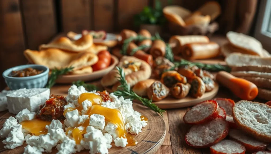 A rustic wooden table is laid with an array of traditional Balkan appetizers. In the foreground, creamy white kajsija (kajsijke) - a soft sheep's milk cheese - is presented alongside crumbled feta, drizzled with golden honey. Beside it, sliced kyopolu - a spicy eggplant relish - adds a vibrant splash of reddish-brown. In the middle ground, an assortment of savory burek pastries - some flaky, others filled with ground meat - are arranged neatly. Garnishing the scene, fresh sprigs of rosemary, oregano, and parsley lend a fragrant, earthy aroma. Warm, soft pita bread and sliced sausages complete the rustic, mouthwatering display, lit by natural daylight filtering through a nearby window.