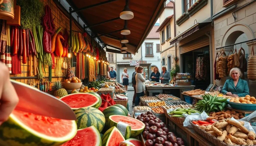 A vibrant outdoor market in a quaint Balkan town, stalls overflowing with fresh produce, local delicacies, and artisanal wares. In the foreground, a vendor slices open a ripe watermelon, its juicy red flesh glistening in the warm afternoon sunlight. In the middle ground, shoppers browse the diverse selection of pickled vegetables, smoked meats, and handcrafted pastries, engaging in lively conversation. The background features the charming architecture of the town, with its cobblestone streets and colorful, tiled roofs. The scene is infused with the scents of grilled kebabs, simmering stews, and freshly baked bread, evoking the rich culinary traditions of the Balkans. Capture this vibrant, immersive experience of authentic Balkan cuisine through a wide-angle lens, with soft, natural lighting and a slightly elevated perspective.