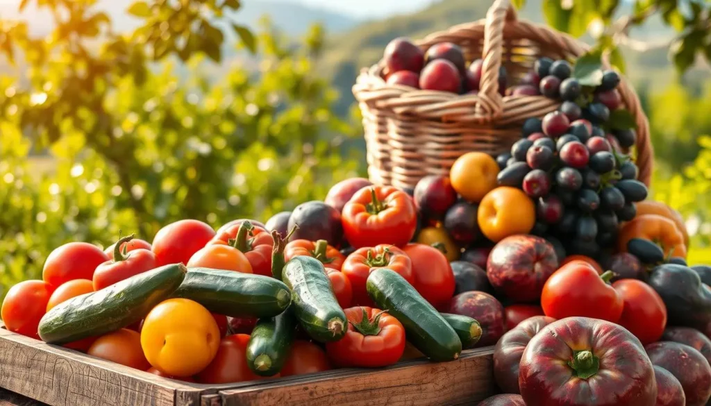 A bountiful still life showcasing the vibrant produce of the Balkans. In the foreground, a rustic wooden crate overflows with juicy tomatoes, crisp cucumbers, and vibrant bell peppers. Behind it, a woven basket brims with ripe plums, figs, and grapes, their rich colors complemented by the weathered texture of the basket. In the background, a lush backdrop of verdant foliage and a hint of distant mountains sets the scene, evoking the lush, fertile landscapes of the Balkan region. The warm, natural lighting casts a golden glow, highlighting the freshness and quality of these essential ingredients in traditional Balkan cuisine.