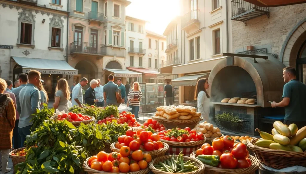A vibrant outdoor market in a picturesque Balkan town, with vendors displaying an array of traditional delicacies. In the foreground, baskets overflow with fresh produce - ripe tomatoes, crisp peppers, and bundles of fragrant herbs. Surrounding the stalls, locals gather, chatting animatedly as they inspect the wares. In the middle ground, a wood-fired oven emits the aroma of freshly baked bread, and a grill sizzles with marinated meats. The background is filled with the weathered facades of historic buildings, their ornate architecture reflecting the rich cultural heritage of the region. Warm, golden sunlight filters through, casting a soft, inviting glow over the entire scene, capturing the essence of Balkan culinary traditions deeply woven into the fabric of daily life.