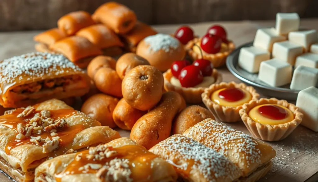 A vibrant arrangement of traditional Balkan desserts, captured in a warm, inviting light. In the foreground, a selection of flaky baklava with layers of crisp phyllo dough and chopped nuts, drizzled with fragrant honey. Beside it, a pile of soft, pillowy tulumba, a deep-fried pastry soaked in syrup. In the middle ground, creamy, custard-filled ├žrešnjevac tarts with a delicate crust, garnished with fresh cherries. In the background, a tray of delicate, rose-scented Turkish delight cubes dusted with powdered sugar. The scene is set against a neutral, earthy backdrop, allowing the vibrant colors and textures of the desserts to take center stage.