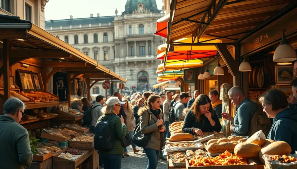 A bustling outdoor market in Budapest's historic center, wooden stalls brimming with local produce, cheeses, and artisanal breads. In the foreground, a group of tourists sampling traditional Hungarian dishes, the aroma of sizzling langos and goulash filling the air. Beyond, a line of colorful umbrellas casting dappled shadows, a backdrop of ornate buildings and cobblestone streets. Warm, golden light illuminates the scene, creating a convivial, lively atmosphere. The camera angle is slightly elevated, capturing the energy and vibrancy of this culinary adventure.