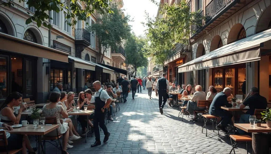 A lively outdoor café setting in the heart of Sofia, Bulgaria. Charming cobblestone streets dotted with quaint, cozy cafés and brunch spots. Customers spill out onto sidewalk tables, sipping rich coffee and savoring delectable pastries. Sunlight filters through the leafy trees, casting a warm glow over the scene. A mix of modern and traditional architecture frames the inviting atmosphere. Locals and tourists mingle, creating a vibrant, cosmopolitan vibe. Servers in crisp uniforms dart between tables, delivering plates of fresh, seasonal fare. The aroma of freshly baked breads and sizzling breakfast dishes fills the air, enticing passersby. A sense of leisurely indulgence and joie de vivre permeates this quintessential European café district.