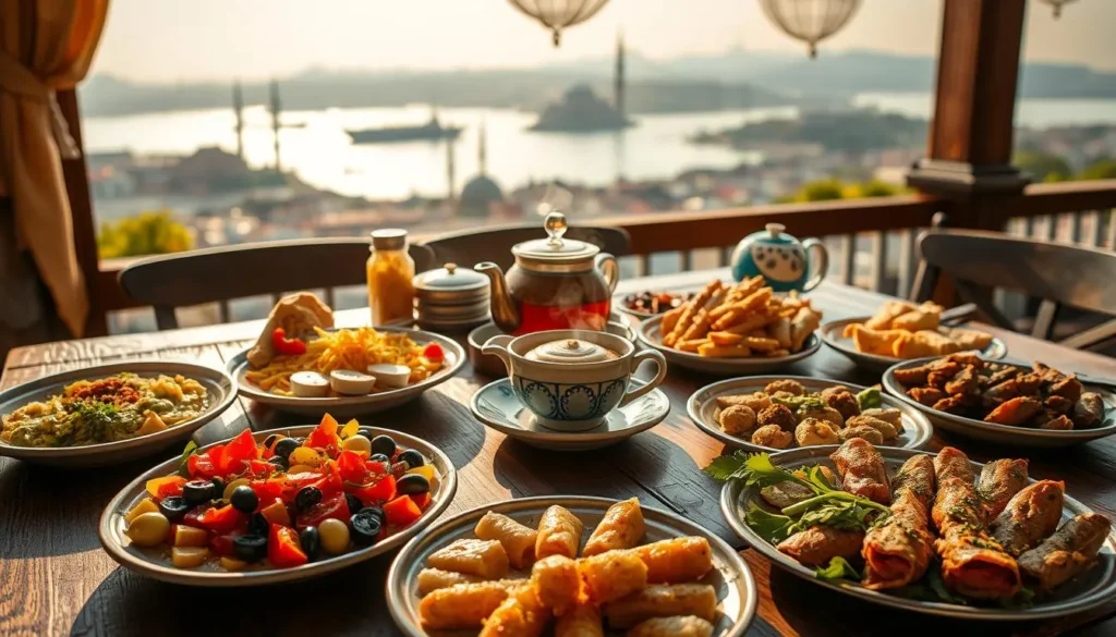A vibrant assortment of traditional Turkish dishes laid out on a rustic wooden table, bathed in warm, golden lighting. In the foreground, a selection of meze plates brimming with colorful spreads, dolma, and bite-sized kebabs. In the middle ground, a steaming pot of fragrant Turkish tea accompanied by delicate baklava pastries. In the background, a panoramic view of the iconic Bosphorus Strait and the historic silhouette of Istanbul's skyline, hinting at the cultural richness of the city. The scene exudes an inviting, convivial atmosphere, capturing the essence of Turkish cuisine and its integral role in the Istanbul experience.