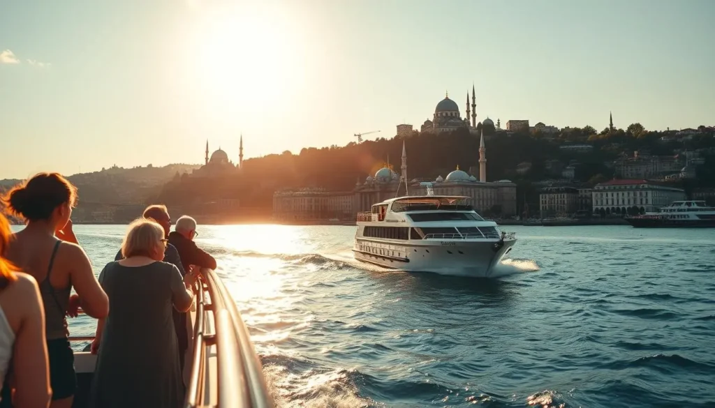 A serene Bosphorus cruise through the heart of Istanbul, capturing the city's iconic skyline. A majestic boat glides across the glistening waters, flanked by the historic landmarks of the Sultanahmet district and the lush, verdant hills of the Asian shore. Warm, golden sunlight bathes the scene, casting a soft, romantic glow over the ornate domes and minarets that dot the horizon. In the foreground, passengers lean against the railings, taking in the breathtaking panorama of the Bosphorus, a timeless waterway that has borne witness to the city's rich cultural heritage. The atmospheric scene evokes a sense of tranquility and wonder, inviting the viewer to imagine themselves embarking on an unforgettable journey through the heart of Istanbul.