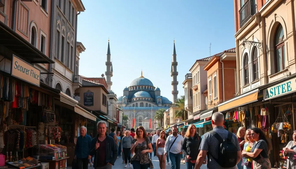 A bustling street in the heart of Istanbul, lined with colorful shops and vendor stalls selling spices, textiles, and handcrafted souvenirs. In the foreground, a small group of tourists follows an enthusiastic guide, gesturing animatedly as they explore the vibrant Sultanahmet neighborhood. The sun casts a warm, golden glow over the scene, accentuating the intricate architectural details of the nearby mosques and historic landmarks. The middle ground features the iconic Blue Mosque, its towering minarets reaching towards the clear, blue sky. In the distance, the Bosphorus Strait and the Asian side of the city can be glimpsed, hinting at the diverse cultural experiences that await visitors on an unforgettable Istanbul tour.