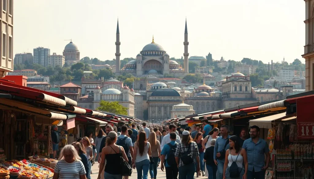 A bustling cityscape of Istanbul, with the iconic Hagia Sophia and Blue Mosque rising majestically in the background. In the foreground, tourists explore vibrant markets, perusing colorful wares and haggling with local merchants. The middle ground features a blend of historic architecture and modern high-rises, all bathed in the warm glow of the Mediterranean sun. The scene exudes a sense of adventure and cultural immersion, inviting the viewer to embark on an unforgettable journey through the wonders of this ancient metropolis.