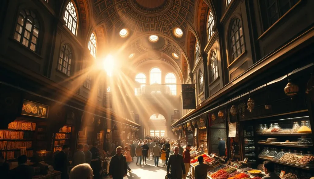 An expansive, sun-drenched interior of the iconic Istanbul Grand Bazaar, with intricate domed ceilings and rows of colorful vendor stalls. Shoppers weave through the bustling crowds, examining ornate handcrafted wares, jewelry, and textiles. Vibrant spice stalls line the central walkway, filling the air with tantalizing aromas. Shafts of warm light stream through high windows, casting a golden glow over the bustling scene. The atmosphere is one of energy, history, and the exchange of cultures, perfectly capturing the essence of this legendary marketplace at the heart of Istanbul.
