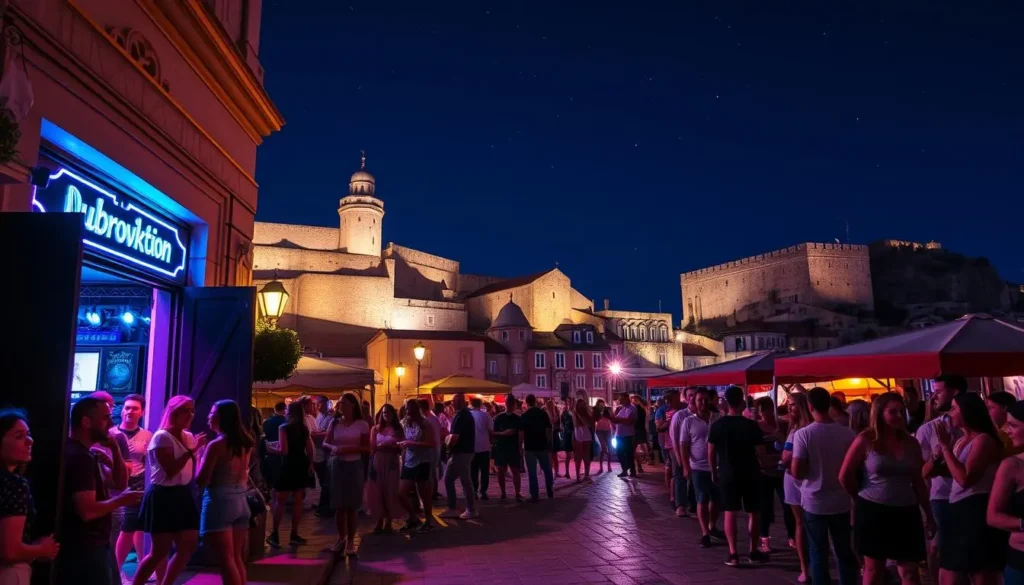 Dubrovnik nightlife with crowded nightclubs and vibrant party atmosphere